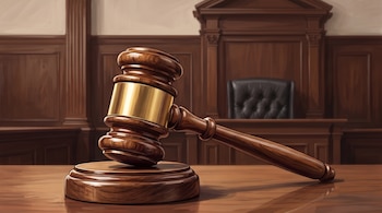 Mazo de madera con anillo dorado sobre una base redonda en una mesa de tribunal, con una silla de cuero y paneles de madera al fondo.