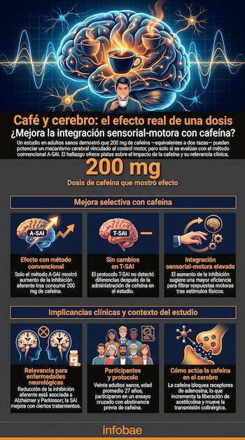 Infografía que muestra un cerebro con tazas de café humeantes, ondas cerebrales, neuronas y un hombre bebiendo café, ilustrando los efectos de la cafeína.