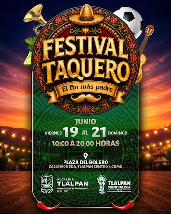 Flyer promocional vibrante del Festival Taquero en Tlalpan con sombrero, trompeta, balón de fútbol, guitarra, chiles y texto de fechas y lugar del evento