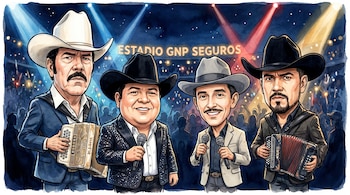 Caricatura de Lalo Mora, Eliseo Robles, Rosendo Cantú y Raúl Hernández con sombreros, micrófonos y acordeones en un escenario iluminado con luces de colores.