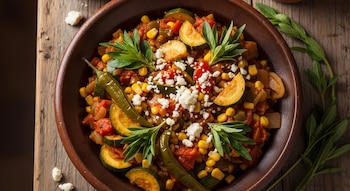 Vista cenital de calabacitas a la mexicana en cazuela de barro, con calabacita, maíz, tomate, chiles, epazote y queso desmoronado. Fondo de madera.