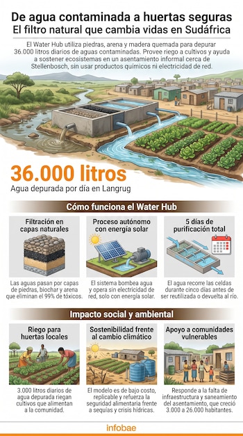 Infografía explicativa con ilustraciones de piletas de agua, paneles solares, cultivos, diagramas de capas de filtración y bloques de texto.