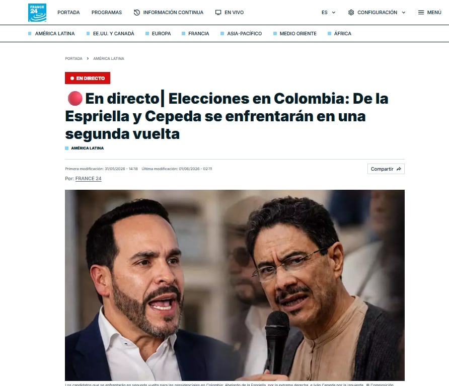 Publicación France24 sobre las Elecciones en Colombia - crédito France24