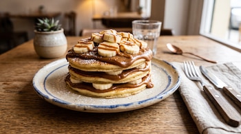 Panqueques apilados con dulce de leche y rodajas de banana en un plato, junto a un tenedor, un cuchillo y un vaso de agua.