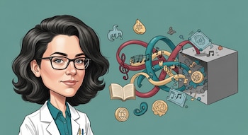 Caricatura de mujer de cabello oscuro, anteojos, bata de laboratorio. Un cubo gris con cintas de colores, notas musicales, un libro, cerebros y engranajes.