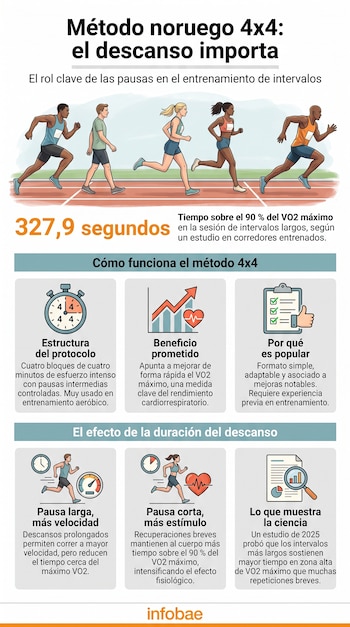 Una infografía sobre el método noruego 4x4. Contiene una ilustración de cinco corredores, íconos de cronómetro, gráfico, lista y documento, más el dato 327,9 segundos.