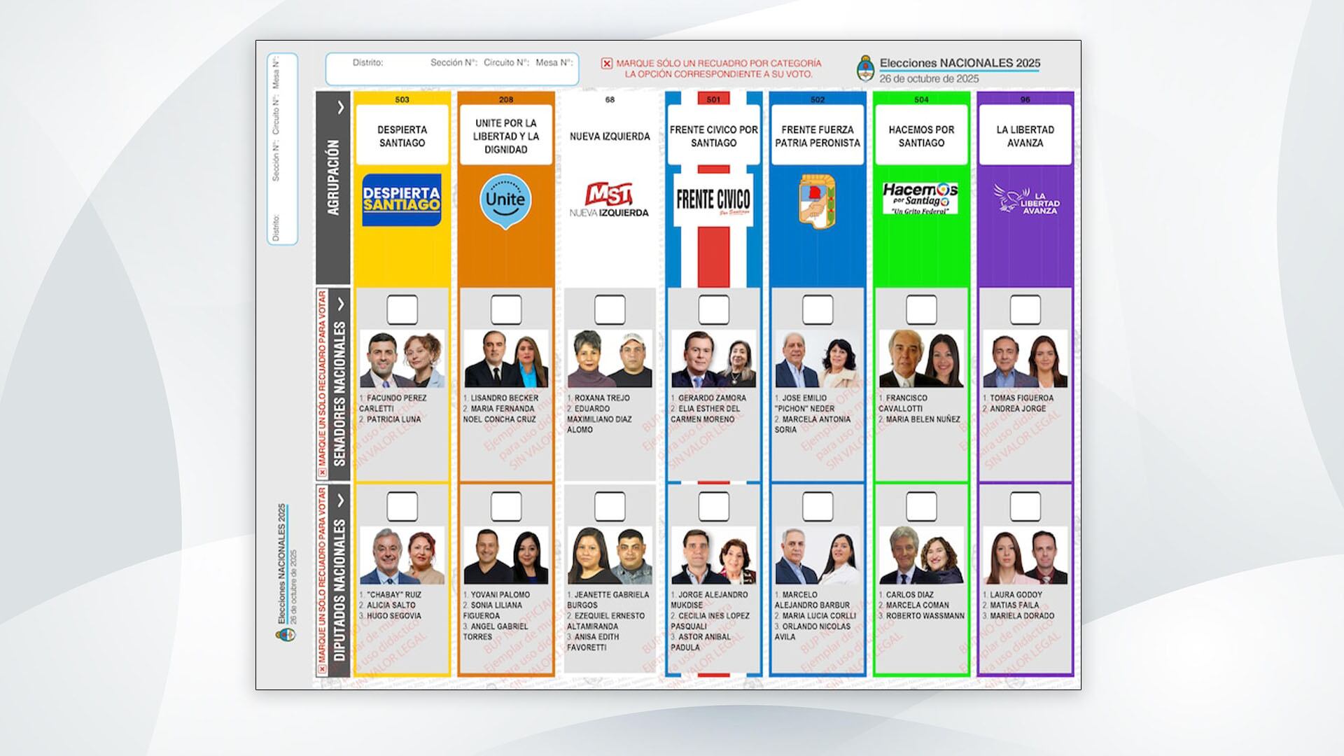 Boleta única de papel (BUP) para elegir diputados y senadores nacionales por Santiago del Estero