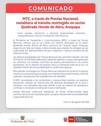 Un comunicado gráfico digital con texto en rojo y negro sobre fondo blanco, que incluye los logotipos oficiales del Gobierno del Perú