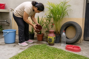 Una mujer inclinada examina una maceta de plástico en un patio junto a plantas, un balde azul, un florero, un neumático y una botella.