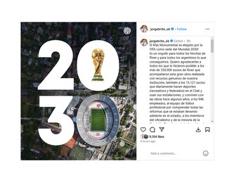 El mensaje de Jorge Brito tras la designación del Monumental como sede del Mundial 2030