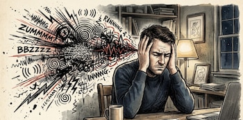 Ilustración de un hombre sentado en un escritorio, con las manos en la cabeza y los ojos cerrados, rodeado de líneas caóticas y palabras que representan ruido