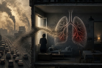 Corte transversal de una vivienda junto a una avenida con tráfico y humo, con una silueta en la ventana y la figura de unos pulmones en la sala.