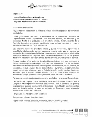 Carta enviada al Congreso por la gobernadora Rafael Cortés - crédito @RafaelaCortesZ/X