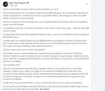 Primo de Paulette Gebara Farah se pronuncia en redes sociales. (Facebook: Aldo Farah Navarro)