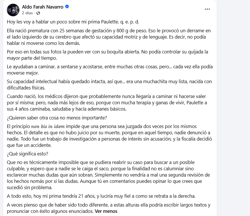 Primo de Paulette Gebara Farah se pronuncia en redes sociales. (Facebook: Aldo Farah Navarro)