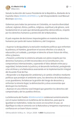 Iris Marín hizo una serie de peticiones a Abelardo de la Espriella
