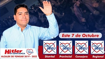 Un hombre saluda con la mano levantada junto al texto Hitler es confianza y cuatro logotipos del partido Somos Perú marcados con equis