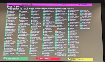 18/09/2026 152 países rechazan la decisión de Estados Unidos de impedir que la delegación palestina asista a la 81ª sesión de la Asamblea General de la ONU en Nueva York.
POLITICA
HALA ABOU-HASSIRA