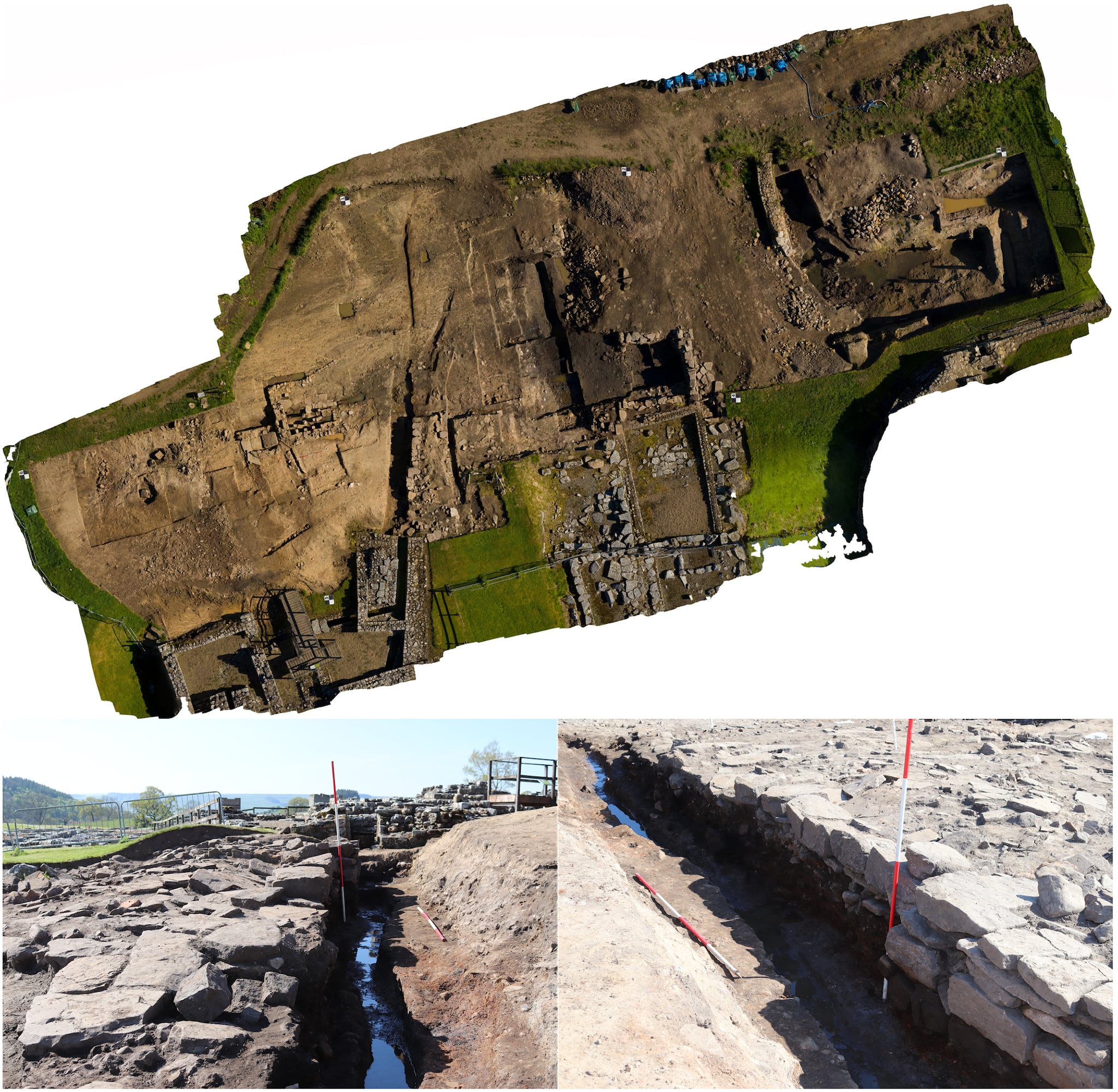 Vista aérea del desagüe de la letrina (arriba). Fotos del desagüe de la letrina durante la excavación (abajo)