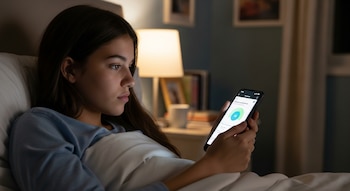 Una adolescente acostada en una cama oscura mira un teléfono móvil iluminado con una aplicación que muestra un gráfico circular en verde y blanco.
