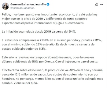 Germán Bahamón Jaramillo, gerente general de la FNC, dijo que la revaluación tampoco abarató insumos - crédito @GermanBahamon/X