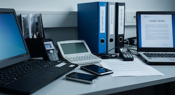 Una mesa de trabajo con dos laptops, dos teléfonos inteligentes, dos teléfonos básicos, tres carpetas, un dispositivo de datos portátil y una orden judicial impresa.