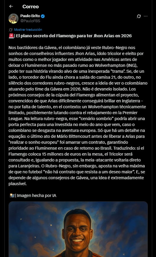 El periodista brasileño reportó que hay un sueño por parte de Flamengo en fichar a Arias-crédito @PauloFBS/X
