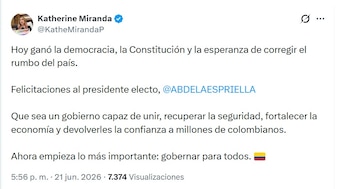 Katherine Miranda, integrante del Partido Verde, felicitó al presidente electo y pidió un gobierno incluyente - crédito @KatheMirandaP/X