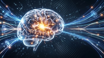 Representación 3D de un cerebro humano translúcido con un resplandor naranja brillante en el centro y líneas de luz azules que se extienden desde él.