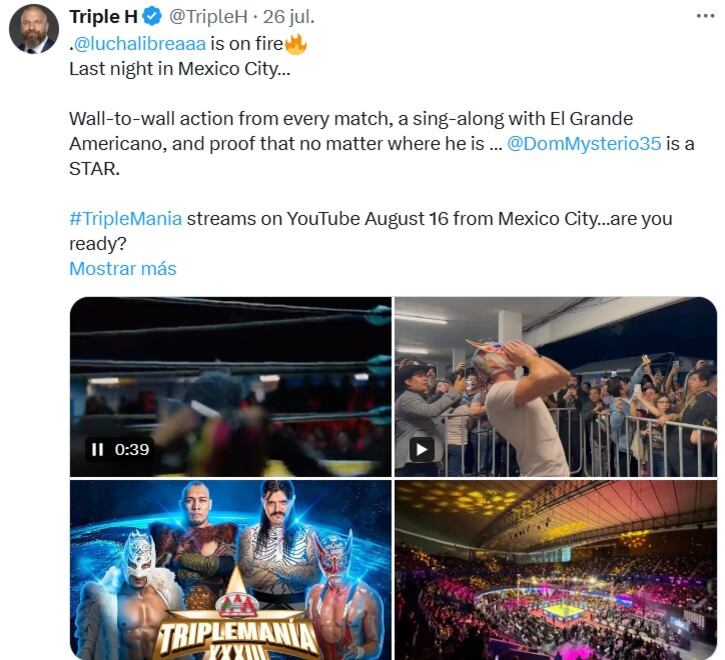 “Lucha Libre AAA está en llamas”, escribió Triple H al revelar la transmisión gratuita de Triplemanía 33.
