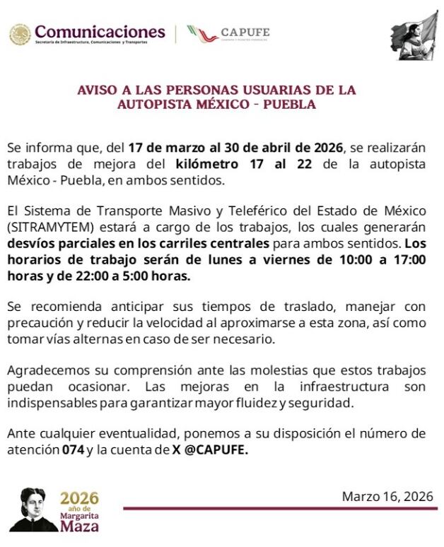 Anuncian cierres y desvío de carriles por obras en la México - Puebla (X/ @CAPUFE)