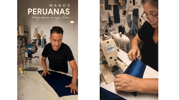 Díptico. Un hombre corta tela azul sobre una mesa junto a una máquina cortadora. Una mujer cose tela azul en una máquina de coser JUKI