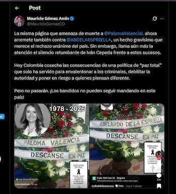 El senador Mauricio Gómez Amín denunció que la misma página digital responsable de amenazas anteriores ahora apunta contra De la Espriella y Paloma Valencia - crédito @MauricioGomezCO/X