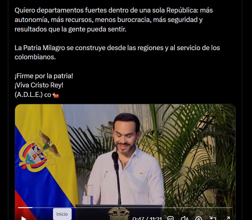 La autonomía regional que plantea Abelardo de la Espriella quedará condicionada a la transparencia, la responsabilidad fiscal y el control estatal frente a estructuras criminales - crédito X