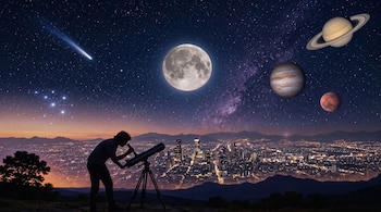 Silueta de una persona observando por un telescopio frente a una ciudad iluminada, bajo un cielo con la Luna, Saturno, Júpiter y estrellas.