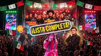 Montaje de músicos en un escenario decorado con banderas de México, papel picado y un sello central con el texto Lista Completa.