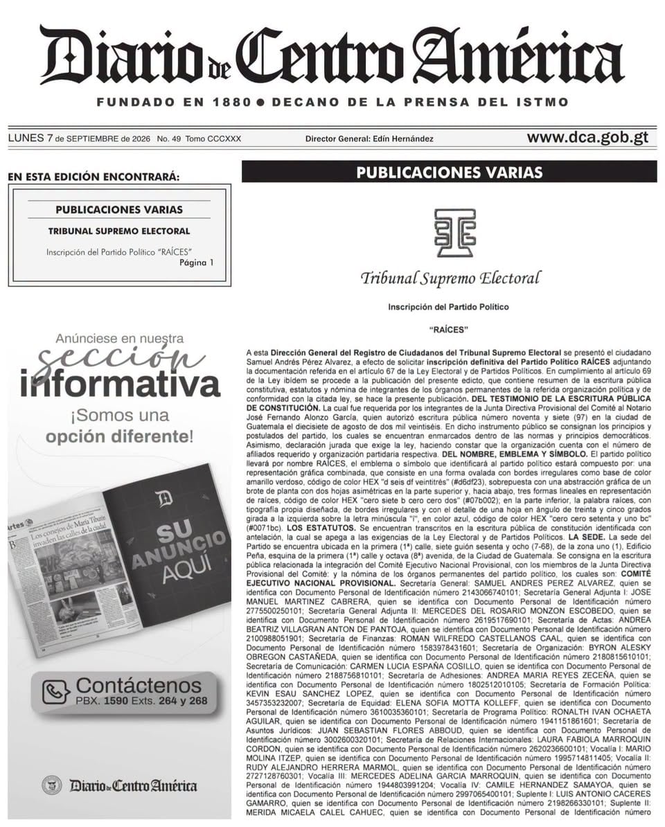 El TSE publicó el edicto de Raíces con la escritura constitutiva, los estatutos y la nómina de sus órganos permanentes en el Diario de Centro América. (TSE)