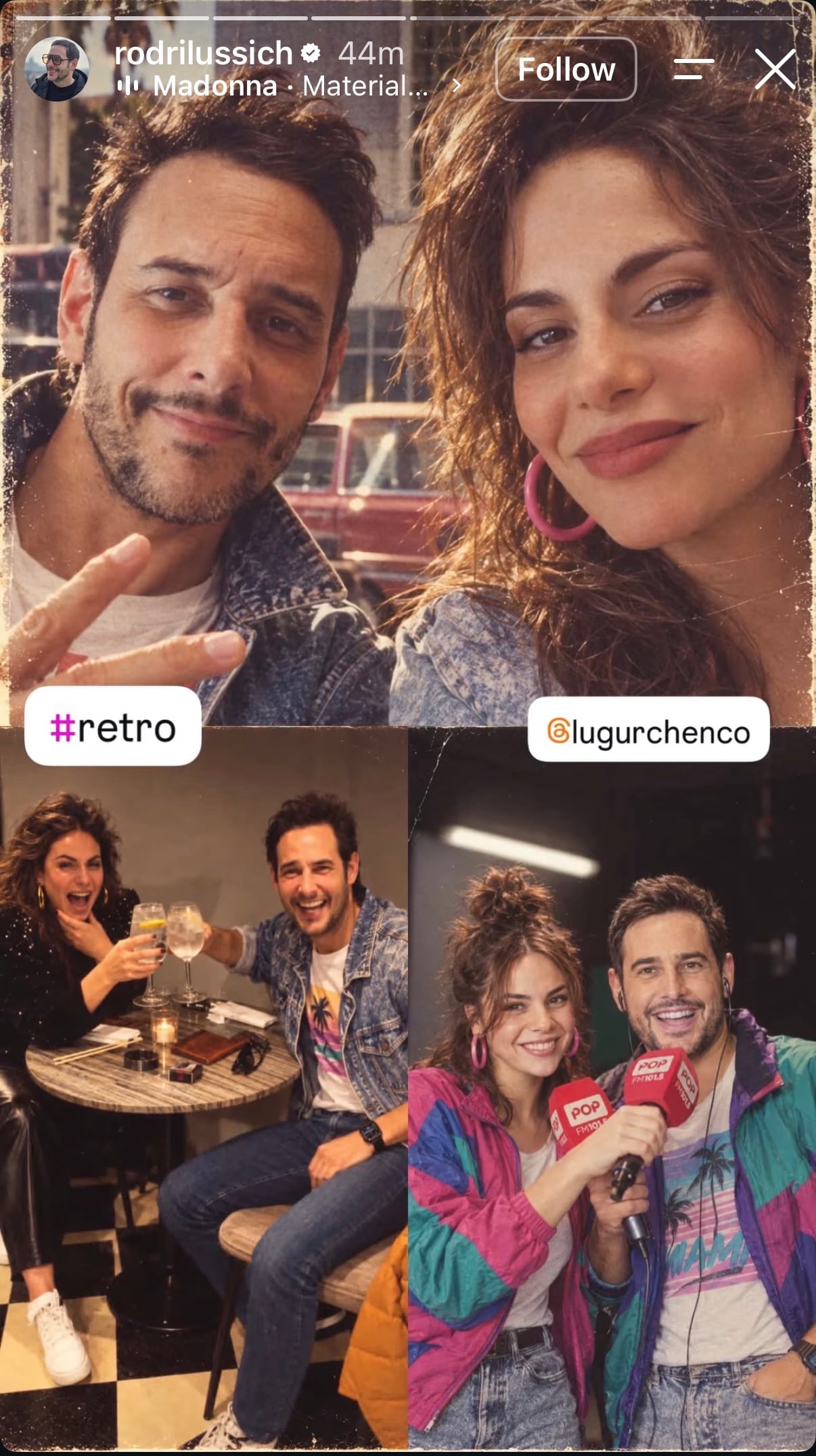 Rodrigo Lussich y Luli Gurchenco recrearon el espíritu de la radio pop con camperas de colores y sonrisas en collage ochentoso
