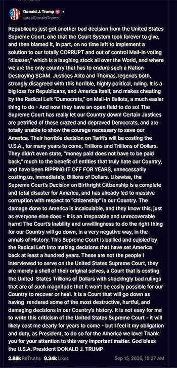 Captura de pantalla de un mensaje de texto extenso publicado por la cuenta de Donald J. Trump en Truth Social sobre un fondo oscuro