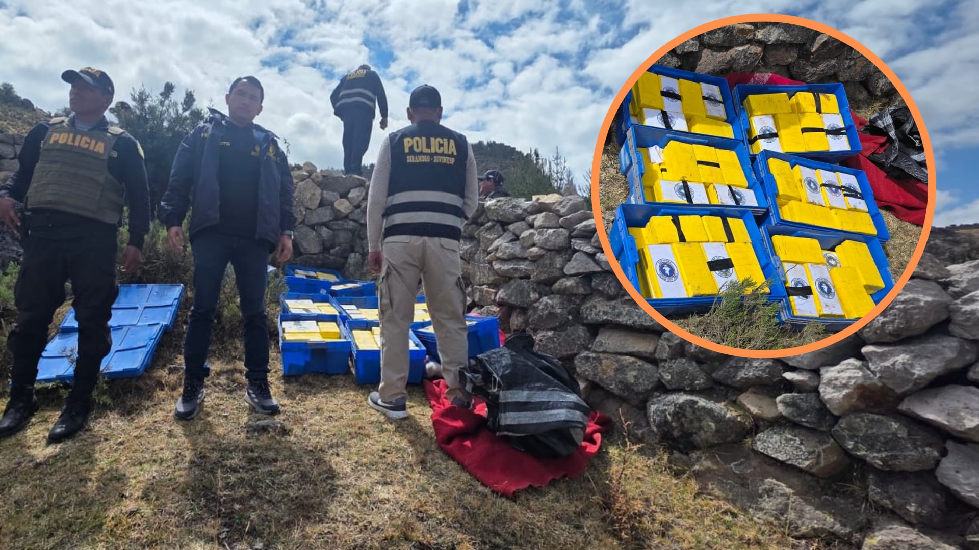 La Policía Nacional del Perú decomisó 249.840 kilos de alcaloide de cocaína en Pampachiri, provincia de Andahuaylas. Composición: Infobae