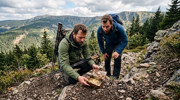 Dos hombres con ropa de montaña y mochilas examinan una caja metálica abierta con monedas doradas sobre el suelo rocoso de una montaña.