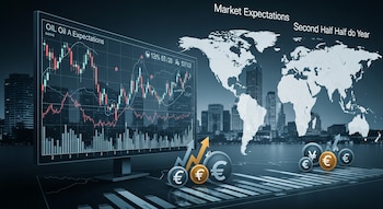 Una pantalla con gráficos de barras y líneas financieras, un mapa mundial, skyline de ciudad, símbolos de euro y yen, y flechas ascendentes.