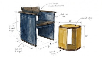 Ilustración de una silla azul oscuro y una mesa auxiliar amarilla hexagonal, con detalles de diseño y medidas sobre un fondo blanco.