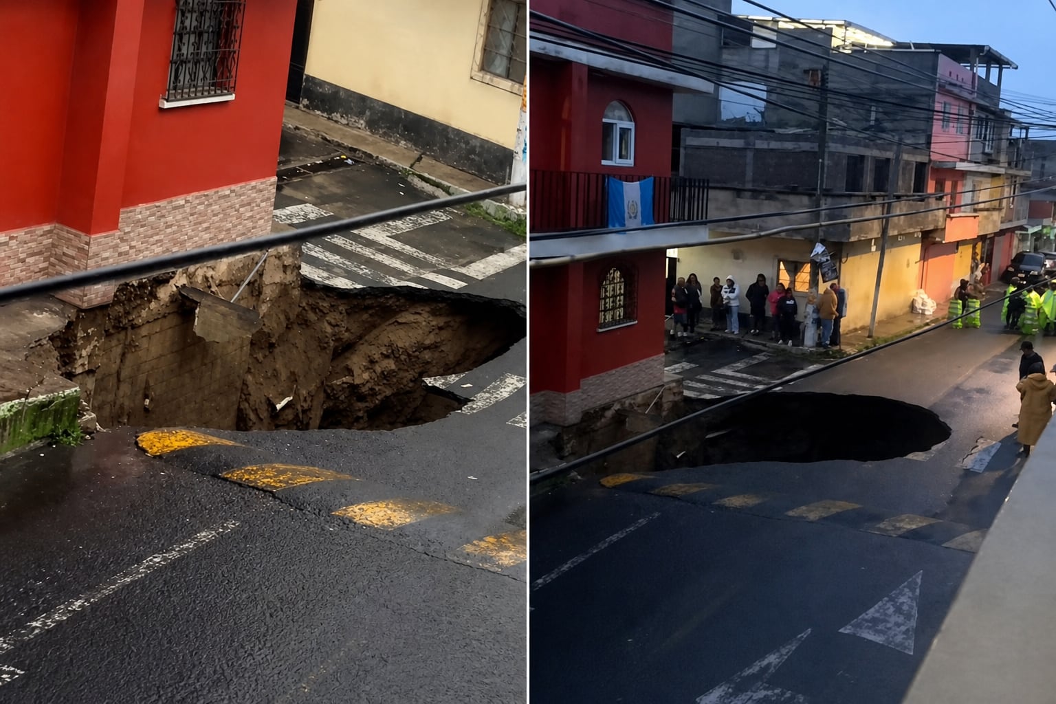 Un socavón de grandes dimensiones destruye el asfalto de una calle urbana en Guatemala ante la mirada de residentes locales. (Imagen Ilustrativa Infobae)