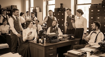 Personas vestidas a la usanza antigua en una oficina, con botellas y copas de vino, máquinas de escribir, teléfonos de disco y archivadores.
