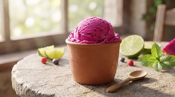 Taza de barro con sorbete de pitahaya rosado y semillas negras, cuchara de madera, rodajas de lima, hojas de menta, frambuesas y arándanos.