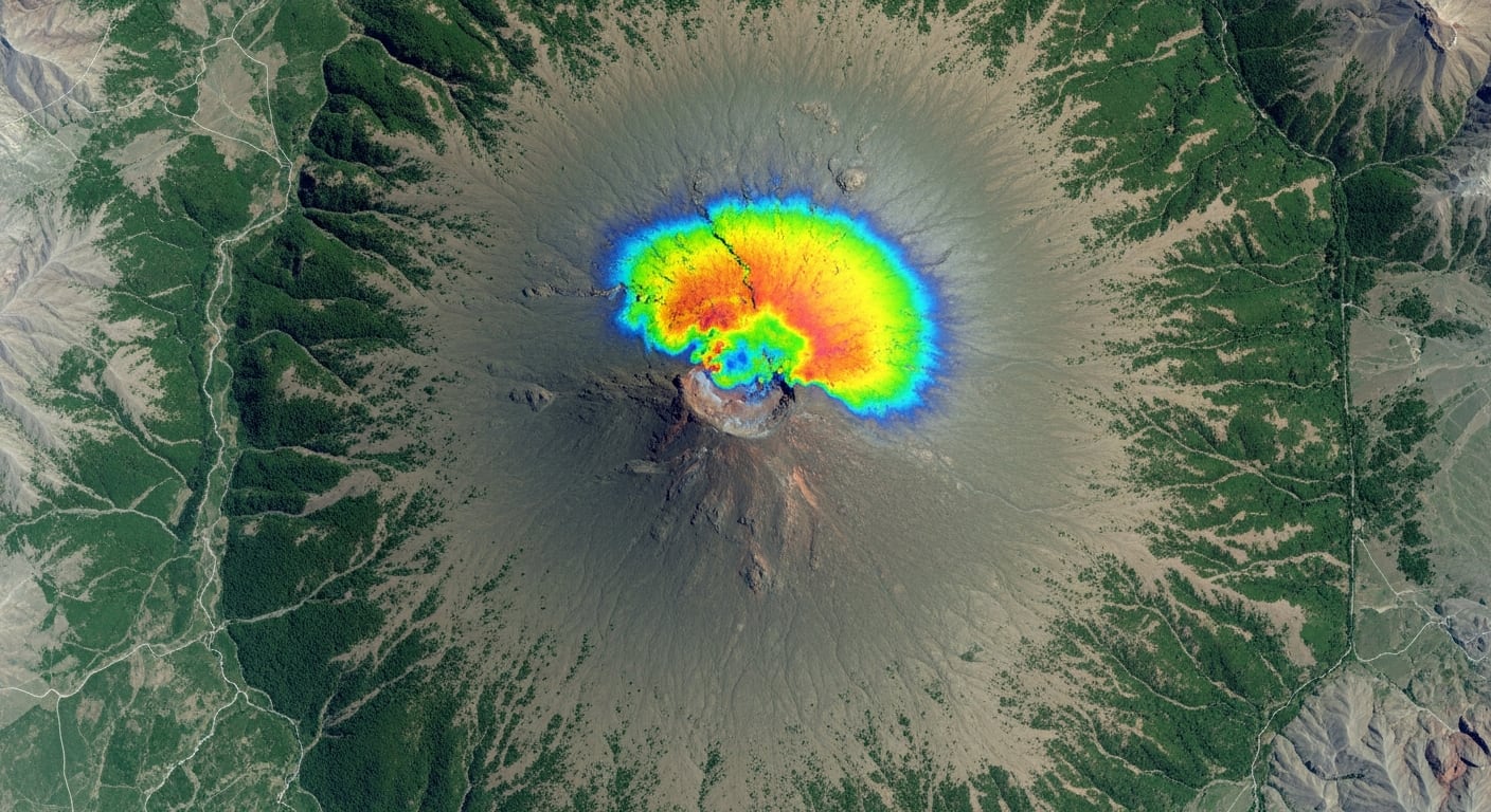 Una imagen satelital con superposición térmica muestra la señal detectada en el volcán Auca Mahuida, en la provincia de Neuquén, Argentina, confirmada por el gobierno local. (Imagen Ilustrativa Infobae)