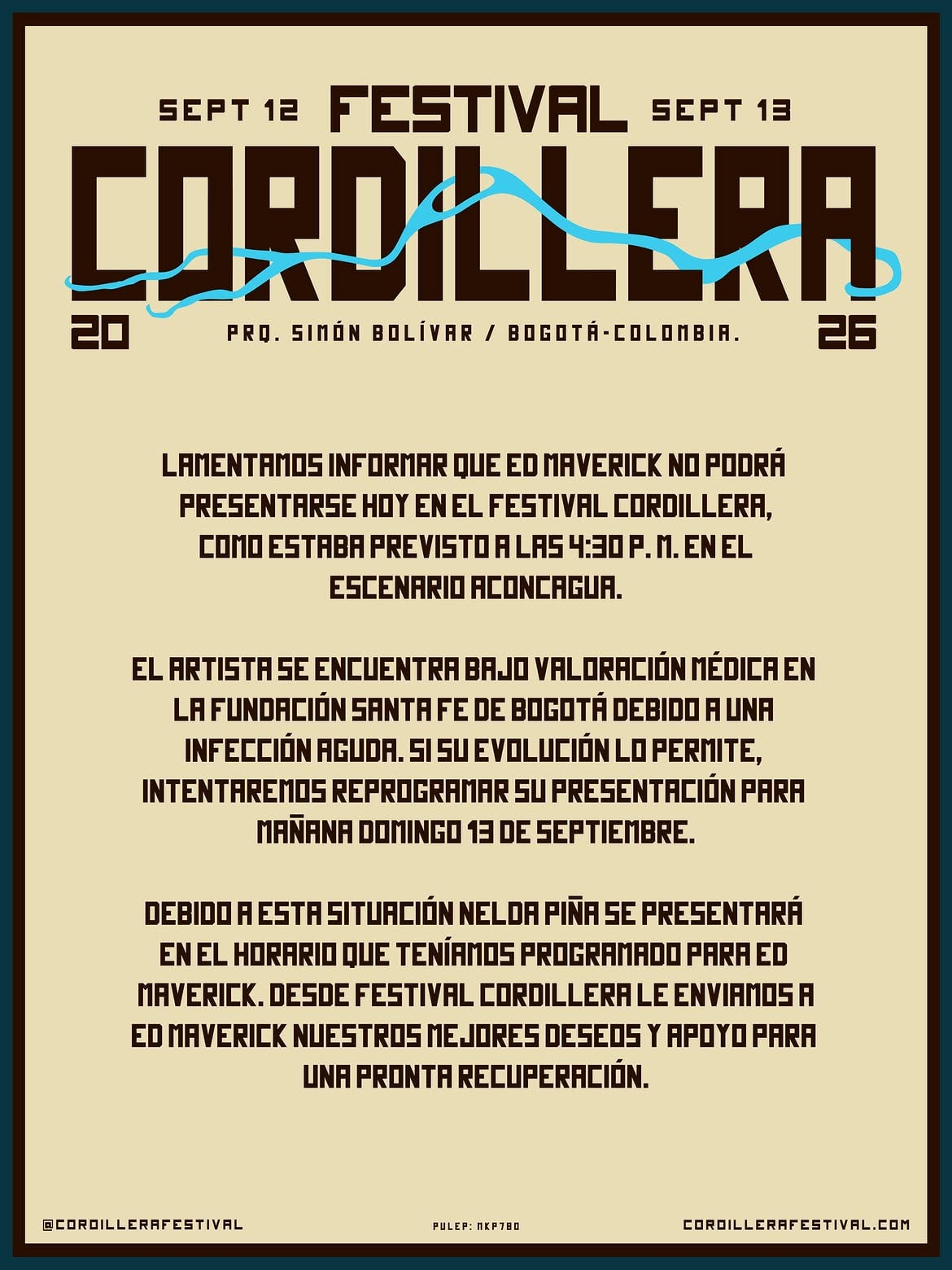 Los organizadores notificaron que el mexicano es atendido por una infección aguda, motivo por el que su lugar será asumido por Nelda Piña en la programación - crédito @cordillerafestival/Instagram