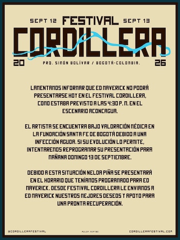 Los organizadores notificaron que el mexicano es atendido por una infección aguda, motivo por el que su lugar será asumido por Nelda Piña en la programación - crédito @cordillerafestival/Instagram