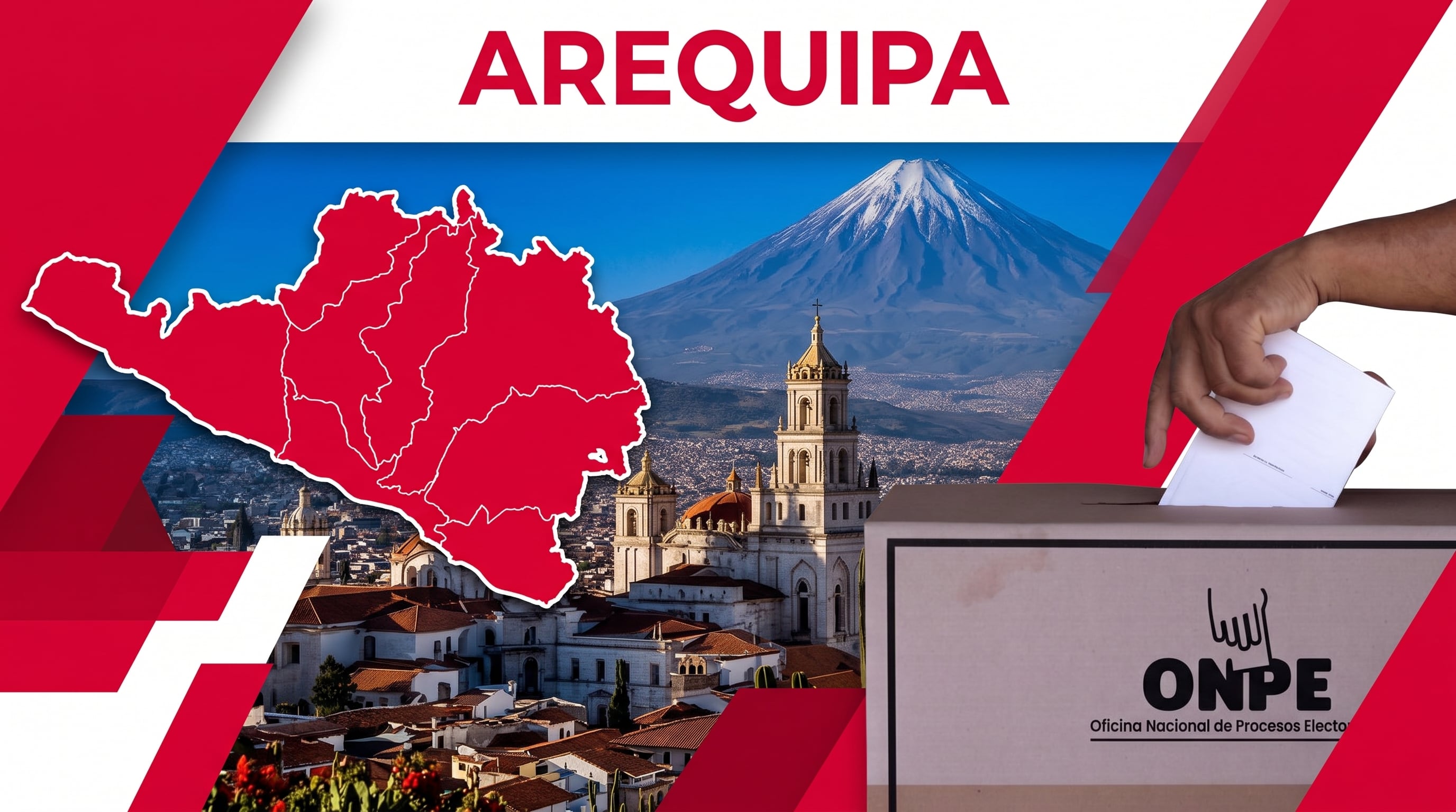 Una composición gráfica aborda el desarrollo de las elecciones en el departamento de Arequipa con símbolos representativos de la región y del voto. (Imagen Ilustrativa Infobae)